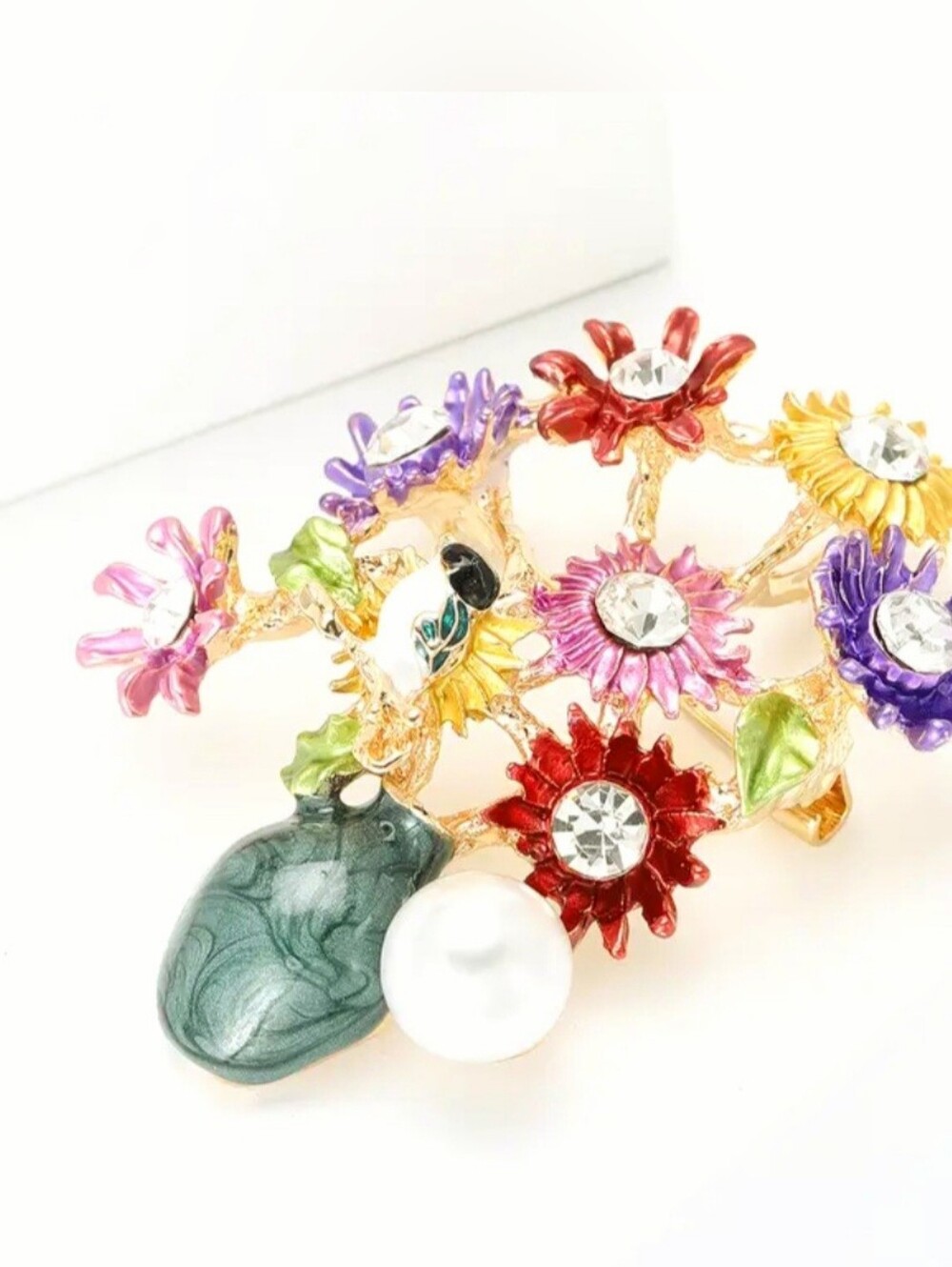 Multicolor Floral Bouquet Brooch with Pearl Accent - Women Jewelry - Picture 4 of 5